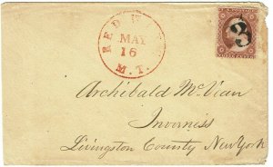 1858 Red Wing, MN (territorial canceler) May 16 cancel, 3c type IV, Scott 26A