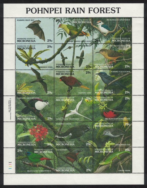 Micronesia Birds Bat Orchid Lizard Animals Fauna Flowers Sheetlet of 18v 1991