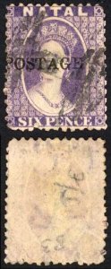 Natal SG83 6d Violet Wmk CC Opt POSTAGE (Davis) Cat 9 pounds