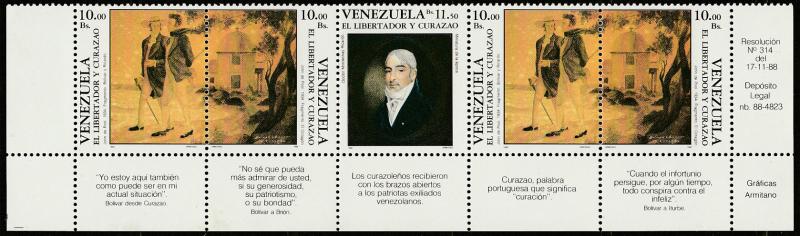 VENEZUELA 1430Ba, BOLIVAR AND CURAZAO, STRIP OF 5 + TABS. MINT, NH. F-VF.(378)