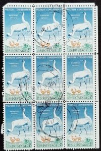 US Scott # 1098; used 3c Whooping Cranes, 1957; block of 9; F/VF centering