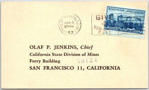 US POSTAL CARD SPECIAL SLOGAN CANCEL GIVE TO THE RED CROSS FUND MARCH 1953