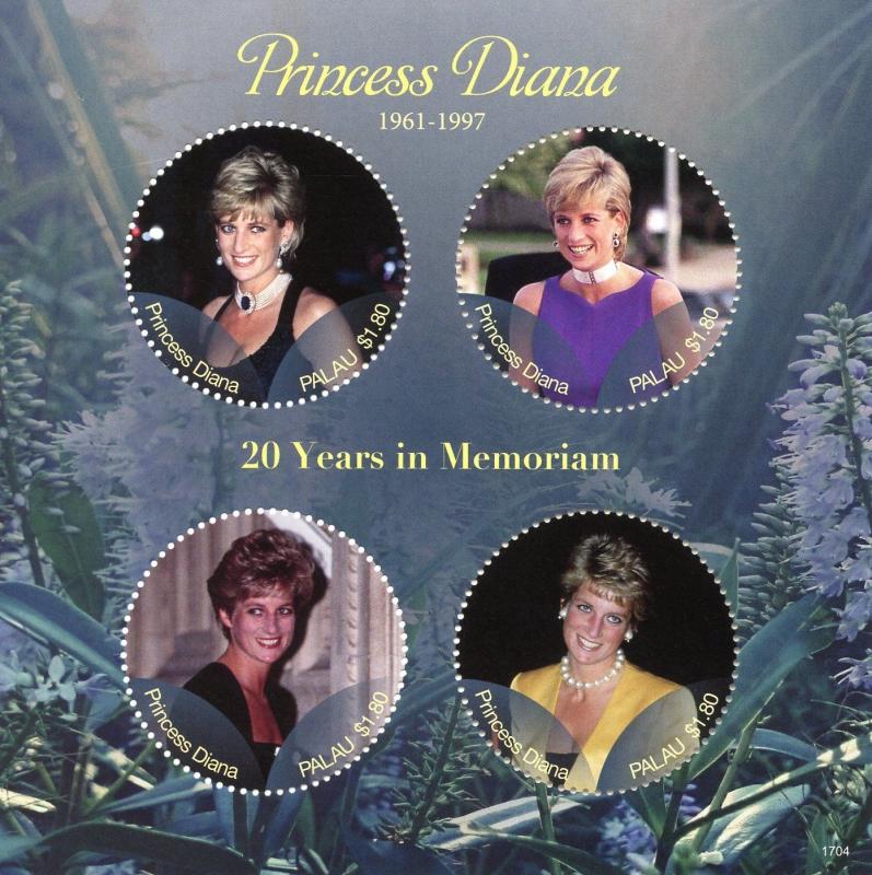 Palau 2017 MNH Princess Diana 20th Memorial Anniv 4v M/S I Royalty Stamps