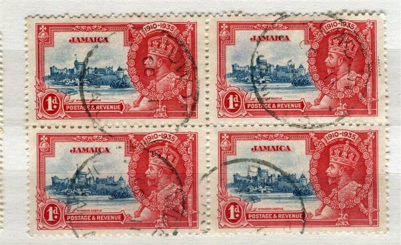JAMAICA; 1935 early GV Jubilee issue fine used 1d. BLOCK of 4