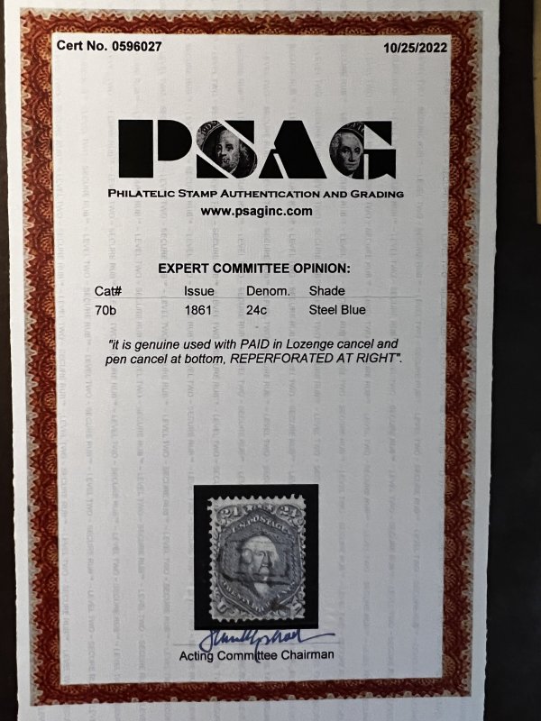 US Scott #70b used with Cert