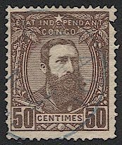 BELGIAN CONGO 1887 Sc 9a  50c King Leopold II, Used Blue MATADI postmark/cancel