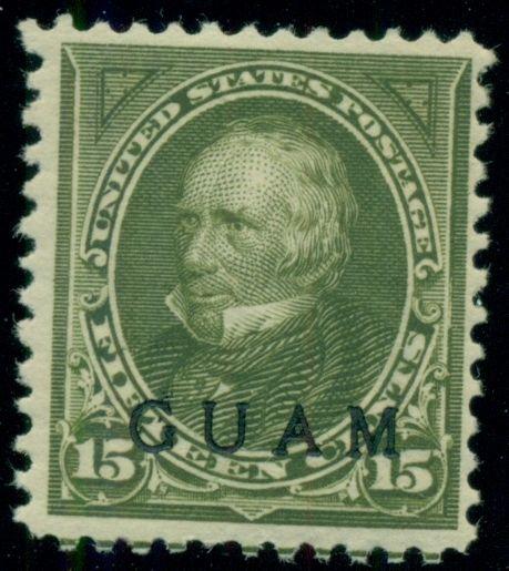 GUAM #10 15¢ olive green, og, hinged, VF, Scott $150.00