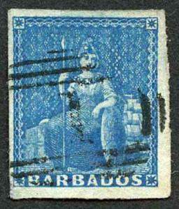 BARBADOS SG10 1855 1d Deep Blue on White Paper Four Margins Cat 60