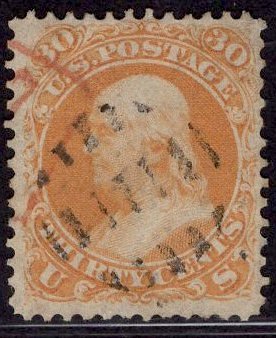 US Stamp #71 30c Franklin USED SCV $210. Nice Cancel Combo