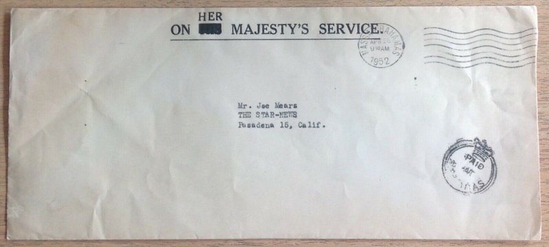 BAHAMAS 1952 'ON HER MAJESTY'S SERVICE'ENVELOPE WITH CC2 'PAID AT BAHAMAS' RARE