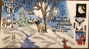 2023 Winter Woodland Animals FDC HAND DRAWN PAINTED Cachet Fox Owl Deer Rabbit