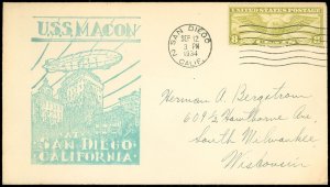 9/12/34 USS Macon Training Flight Over SAN DIEGO CALIFORNIA, Turquoise Cachet!