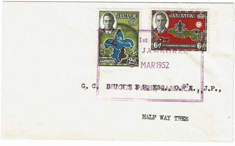 Jamaica 1952 1st Caribbean Boy Scout Jamboree cancel on cover