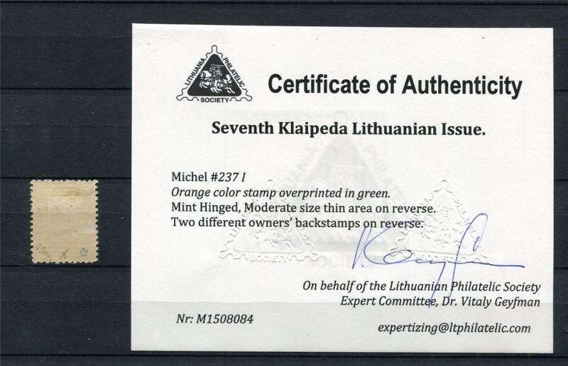 Lithuania Memel Klaipeda Mi 237I OVPR , LPS Certificate MH genuine thin SKU 643