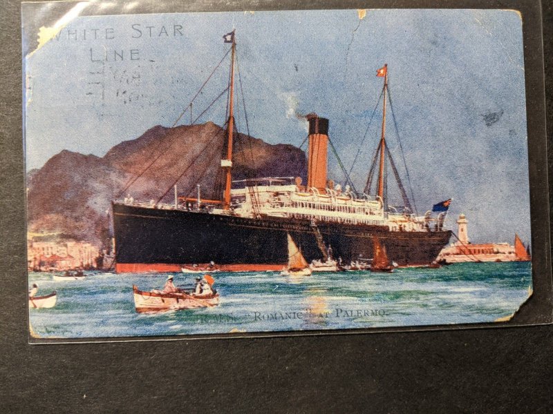 Steamer RMS ROMANIC, White Star Line 1908 Naval Postcard w/ note Boston, Mass