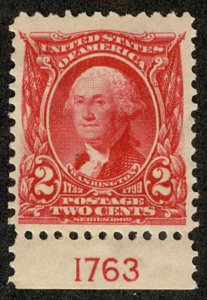 US #301 PLATE NUMBER SINGLE, SCV $26.00  VF/XF mint hinged, 2c Washington, th...