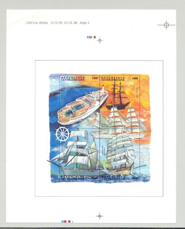 Central Africa 1996 Ships, Sailing Ships 1v M/S of 4 Imperf Chromalin Essay