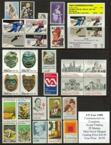 US 1980 Year Set, Complete Commemoratives, Mint Never Hinged, FREE SHIPPING