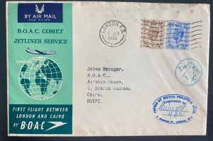 1952 London England First Flight Airmail Cover FFC To Cairo Egypt BOAC Jet Liner