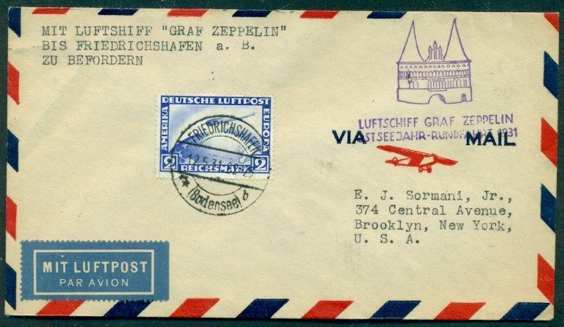GERMANY 1931 Baltic Sea Zeppelin Flight via Lubeck to U.S. w/C36 2mk zepp tied