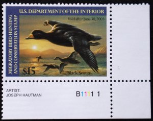 U.S. Mint Stamp Scott #RW69 $15 Federal Duck Hunting Plate # Corner Sheet Margin