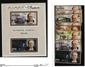 Ajman # MI117-124 & Block 10A, Churchill, Revalued, Perf, Mint NH