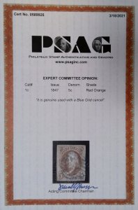 US Scott #1c - 5c Red Orange - Used - 4 Margin - 1847 with PF and PSAG Cert