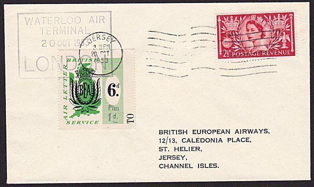 GB 1953 BEA 6d Plus 1d airmail stamp on flown cover London to Jersey........8999