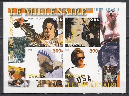 Rwanda, 2001 Cinderella issue. 1990 sheet. M. Teresa, Diana, M. Jackson. IMPF. ^