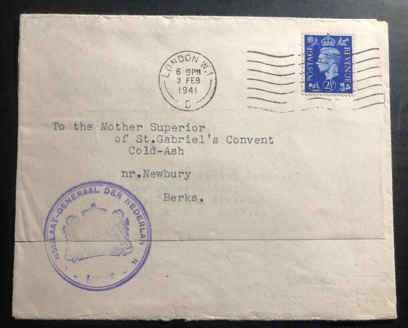 1941 London England Netherlands Consulate Diplomatic Cover To Newbury