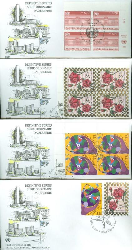 UNITED NATIONS 1998 DEFINITIVES INCLUDING $5  BLOCK  LOT OF 9  FIRST DAY COVERS 