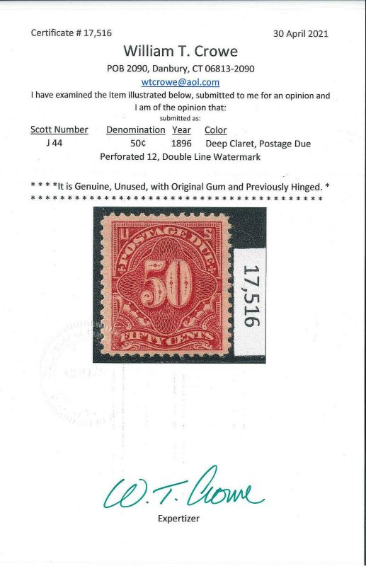 J44 Mint LH OG Very Fine Crowe Cert 