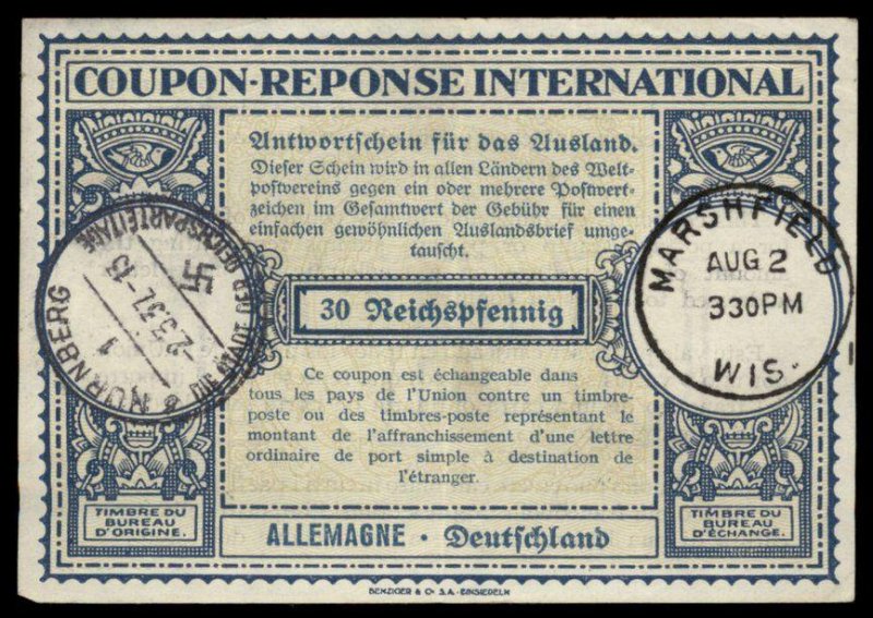 Germany 1937 International Reply Coupon IRC Post Office G98936