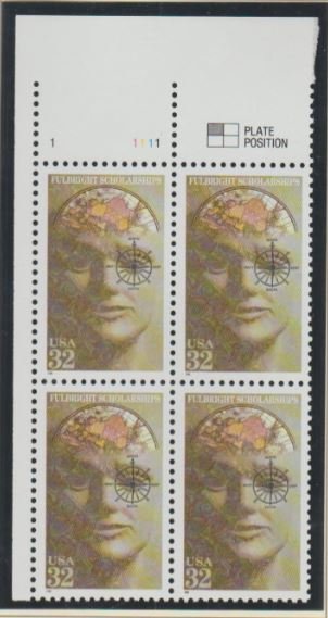 U.S. Scott #3065 Fulbright Scholarship Stamps- UL Plate - Mint NH UL Plate Block