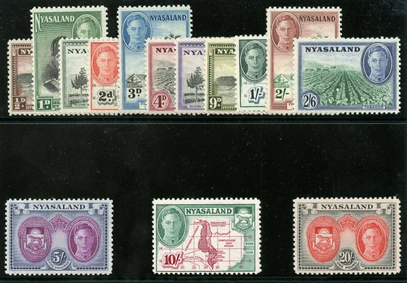 Nyasaland 1945 KGVI set complete superb MNH. SG 144-157. Sc 68-81.