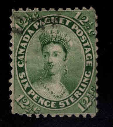 Canada Scott 18 Used 1859 yellow green Victoria stamp  perf 11 3/4