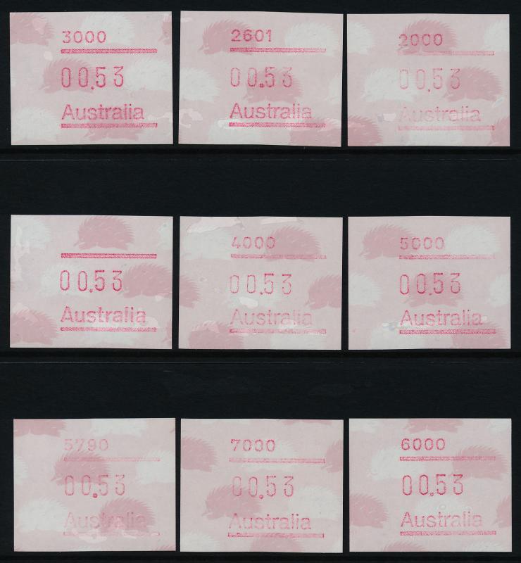 Australia 1987 Echidna Frama Labels, set of 9 - 53c