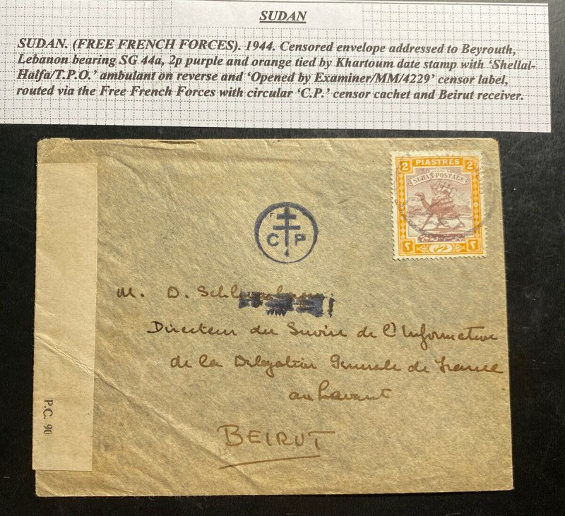 1944 Free Forces French Sudan Censored Cover To Beirut Lebanon