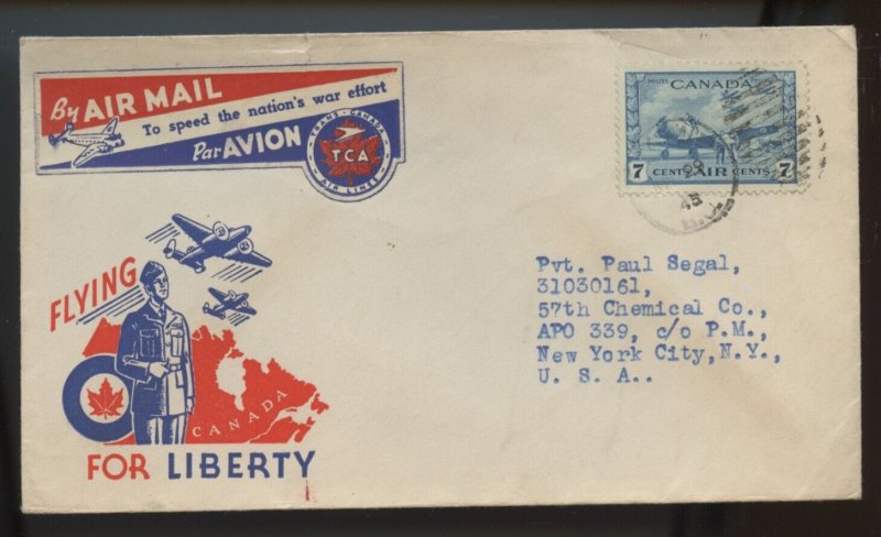 ? Nice Airmail Etiquette label TCA on Patriotic 1945 War Issue cover Canada