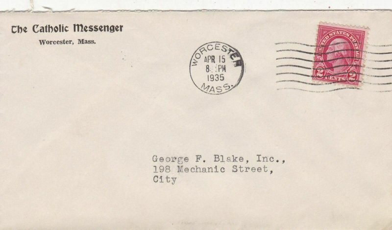 U.S. THE CATHOLIC MESSENGER, Worcester,Mass. 1935 Cancel Stamp Cover Ref 47409