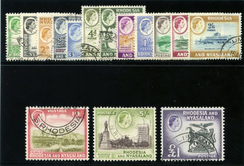 Rhodesia & Nyasaland 1959 QEII Definitive set complete VFU. SG 18-31. Sc 158-171