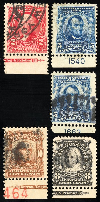 US Stamps # 301//7 Used Lot Of 5 Plate Number And Engravers Initials