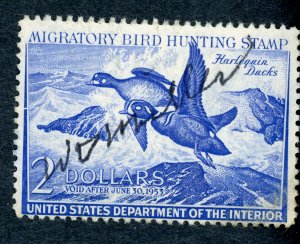 #RW19 – 1952 $2.00 Harlequin Ducks. Used.