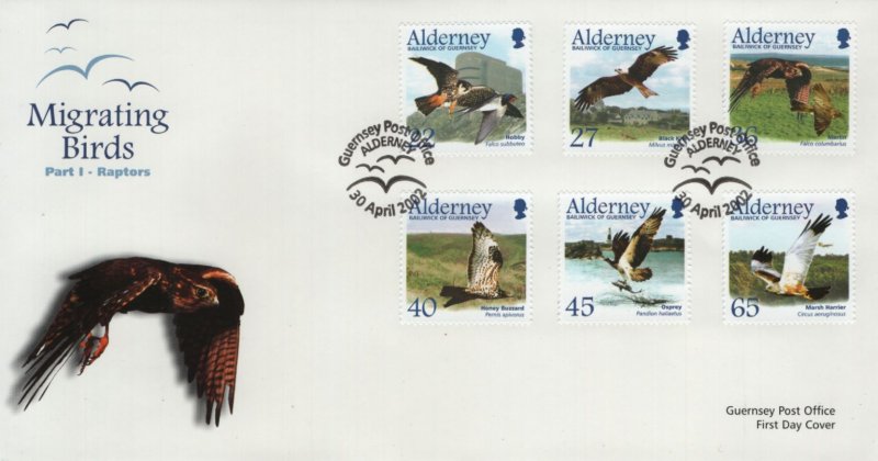 Alderney 2002 FDC Sc 185-190 Hobby, Black kite, Merlin, Honey Buzzard, Osprey...