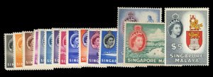 Singapore #28-42 Cat$156.40, 1955 QEII, complete set, never hinged