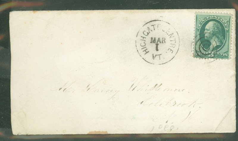 US  3cent green postmarked. Highgate Centre, VT, March 1, to New Hampshire, Highgate Centre was open 1867-1894