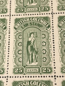 BRITISH COLUMBIA  # L23-MNH-FULL PANE OF 25-LAW STAMP--MAJOR PLATE FLAW-1912-16