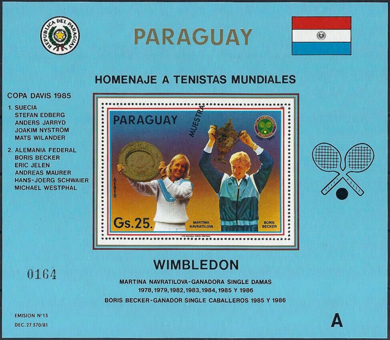 1986 Paraguay Tennis, Wimbledon, Becker, Souvenirsheet Muestra MNH CAT 25+$