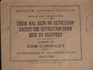 1934 US SENATE OFFICIAL COVER FROM TEXAS SENATOR TOM CONNALLY TO J. L. BAKER