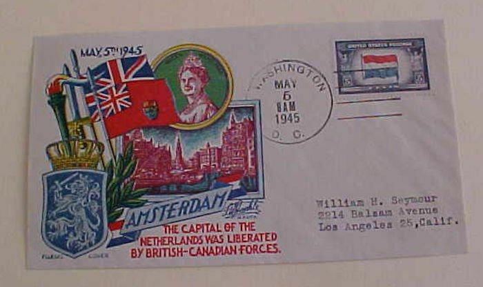 US PATRIOTIC  AMSTERDAM NETHERLAND LIBERATED CACHET  FLUEGEL COVER